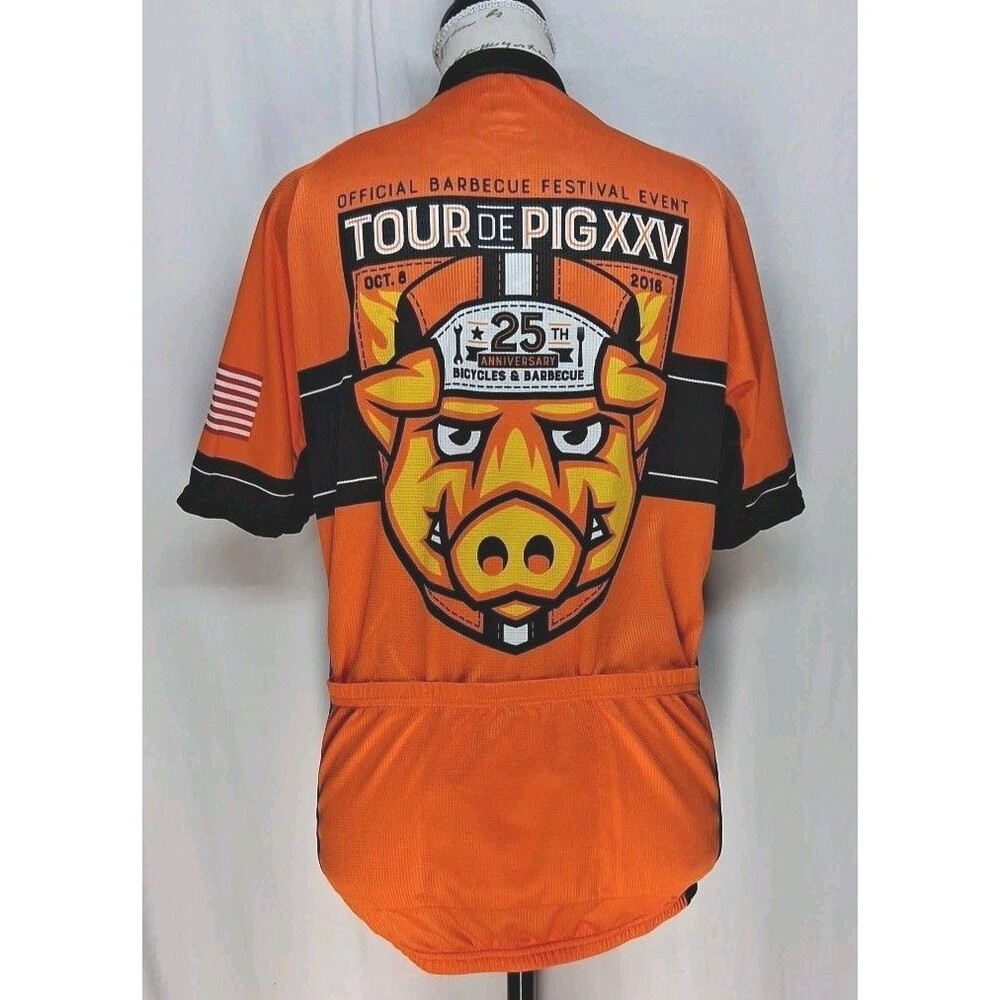 Atac Mens Med 1/4 Zip Cycling Jersey Orange Graphic Tour De Pig BBQ NC